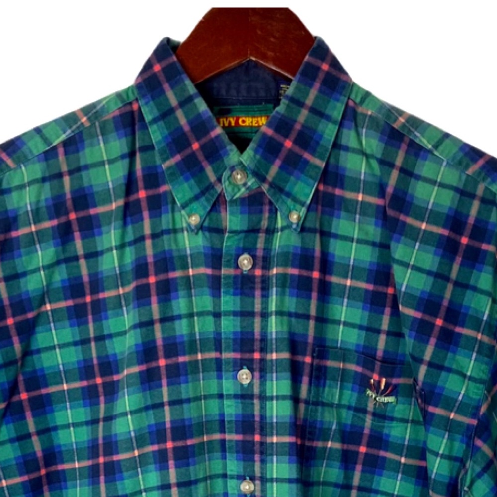 Vintage Ivy Crew Shirt Preppy Plaid Button Down Shirt Green - Picture 2 of 12